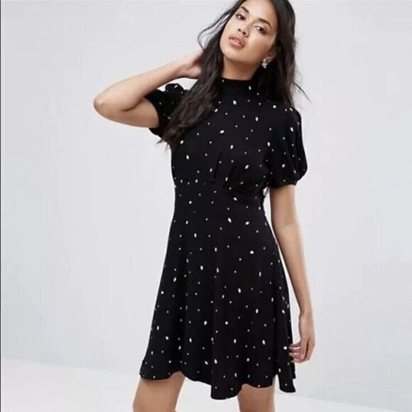 Free People Abbie Printed Polka Dot Mini Dress Mock Neck with Tie Women’s Size 0 - Picture 3 of 12